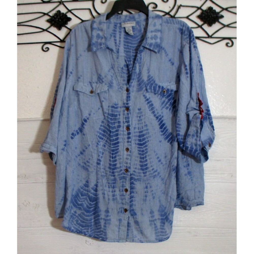 Catherines Women's Button Up Top Size 2X 3/4 Sleeve Blue Striped